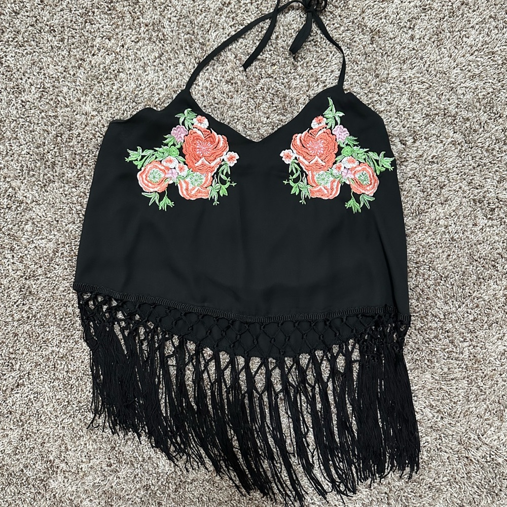 Black Floral Embroidered Fringe Halter Top